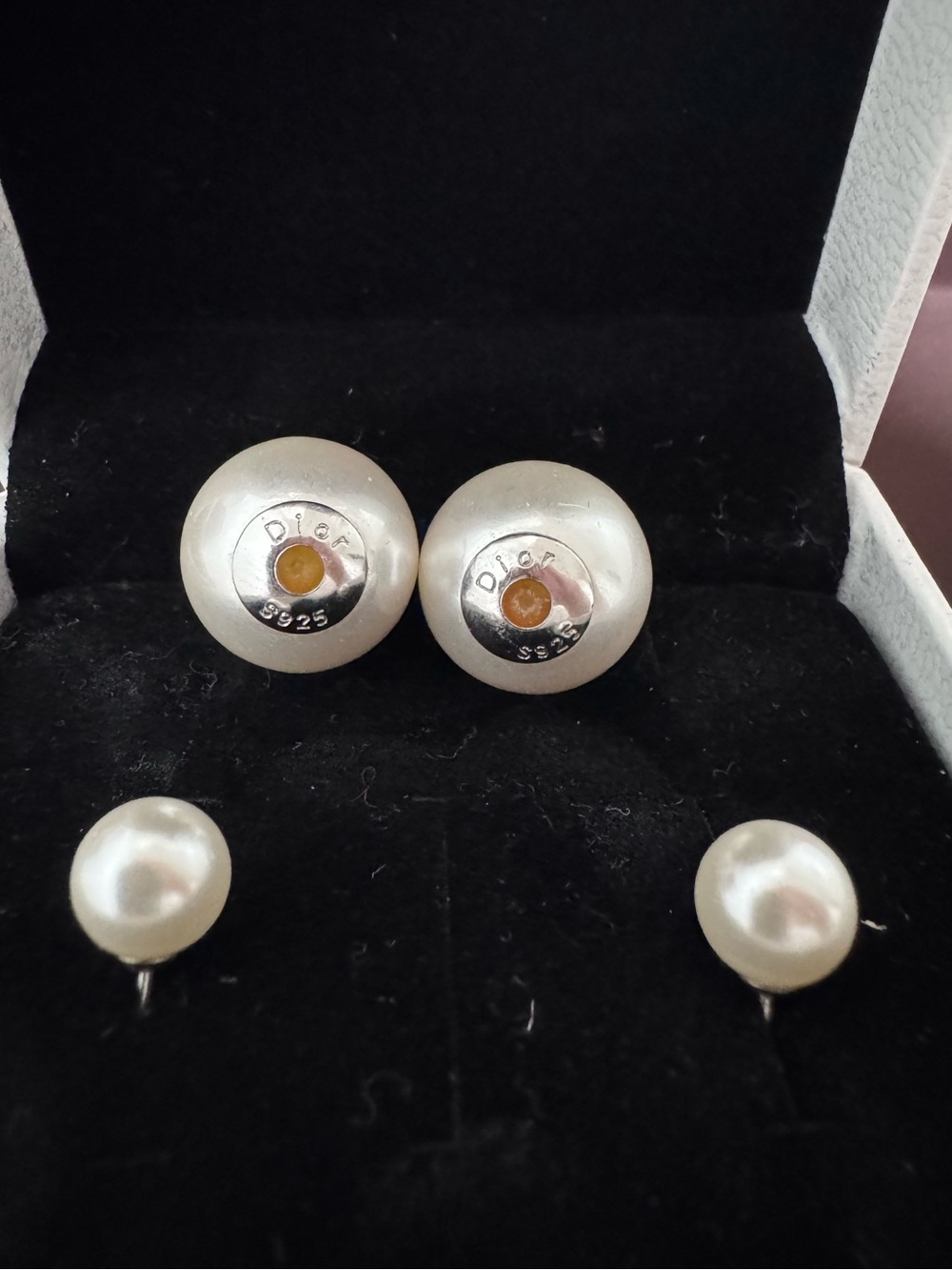 Dior 925 Sterling Silver Pearl Stud Earrings Duo Look, Logo Back, Classic Luxe